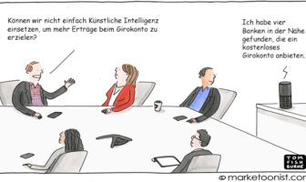 Cartoon: Einsatz von KI in Banken zur Ertragssteigerung