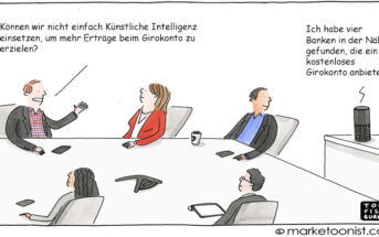 Cartoon: Einsatz von KI in Banken zur Ertragssteigerung