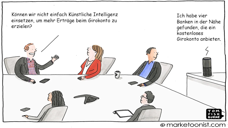 Cartoon: Einsatz von KI in Banken zur Ertragssteigerung